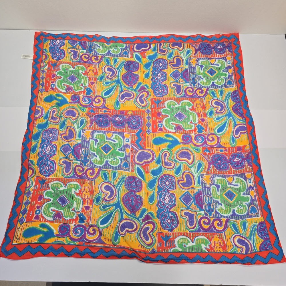 Echo Vintage 90s Abstract Geometric Print Cotton Square Scarf Multicolor Japan